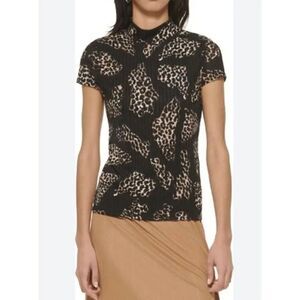 DKNY Womens Short Sleeve Animal Print Pullover Top XS
